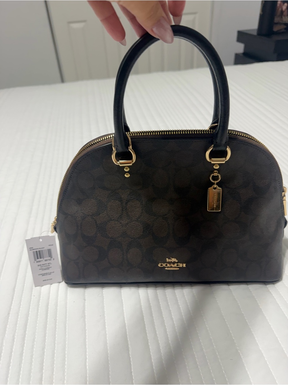 Coach Dark Brown Signature Dome Satchel with Black Handles